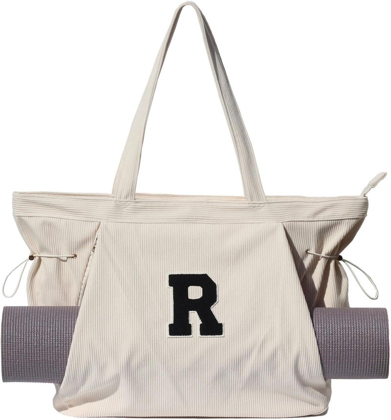 ESVAN Corduroy Yoga Tote Bag Gifts for Women Drawstring Yoga Mat Bag for Office Workout Travel Carryall Pilates Gym - Image 1
